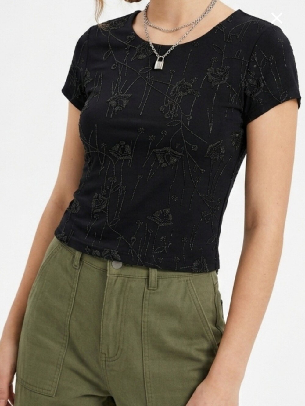 Black Floral Beaded Short Sleeve Top